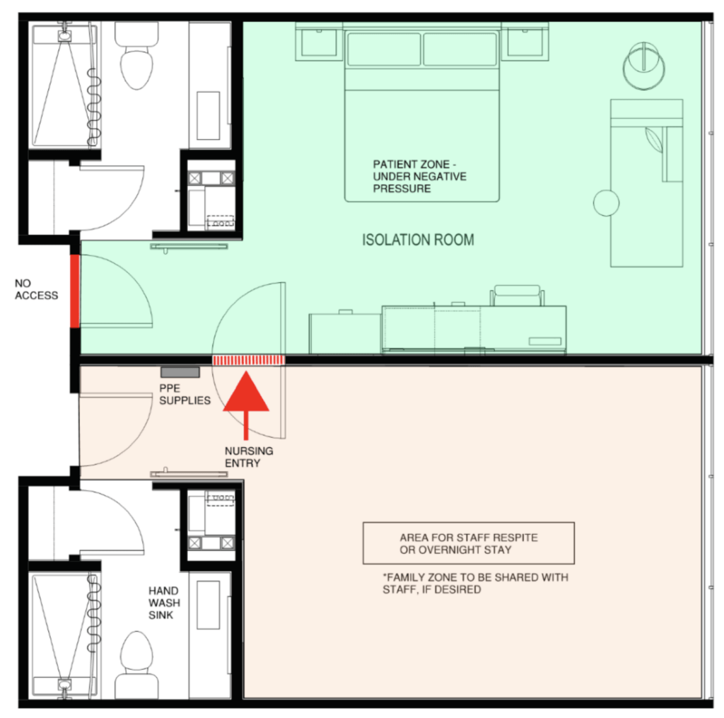 Blueprint for 600 SF Standard King room type with connecting room converted into a hospital room