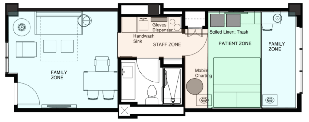 Blueprint of a 500 square foot King Suite room converted into a hospital room