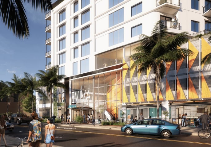 a rendering of a residential building with cool signage and palm trees with people walking on the sidewalk
