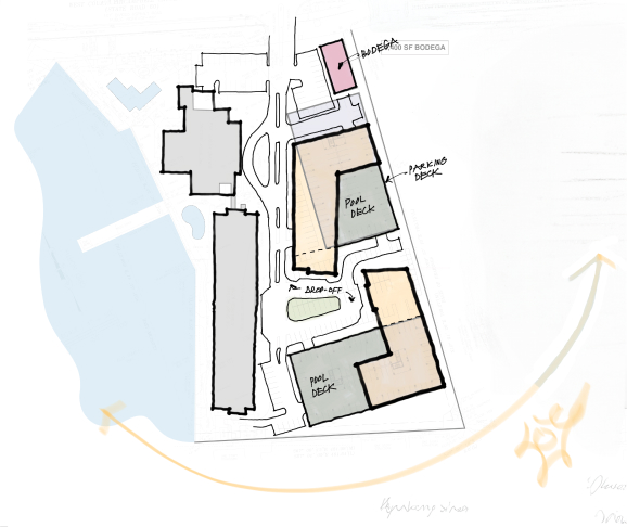A site analysis of a mixed use development with a lake to the left and a number of buildings